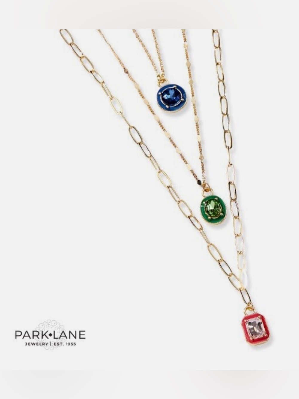 Park Lane Gold 3 in 1 Layered Necklace w/ Blue, Green & Pink Pendants - CANDY